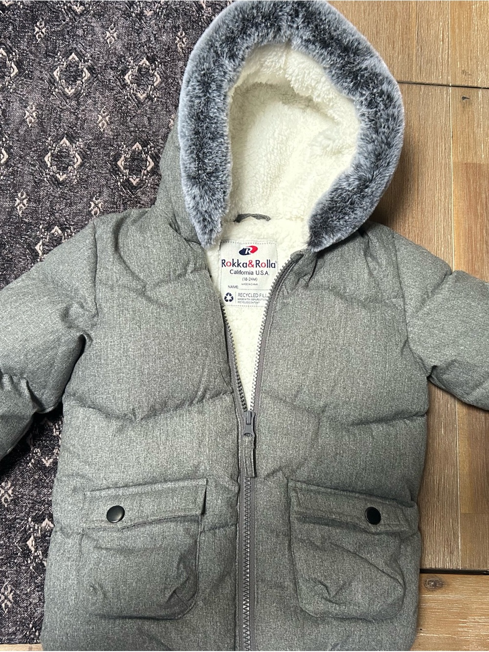 24M & Rolla Kids' Gray Puffer Jacket with Faux-Fur Trim